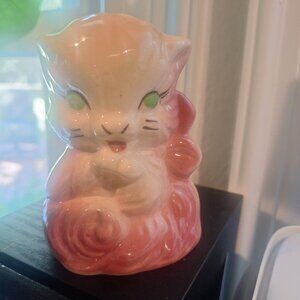 RARE Vintage Porcelain McCoy? Shawnee" Pink Cat Planter Makeup Brush/Pen Holder